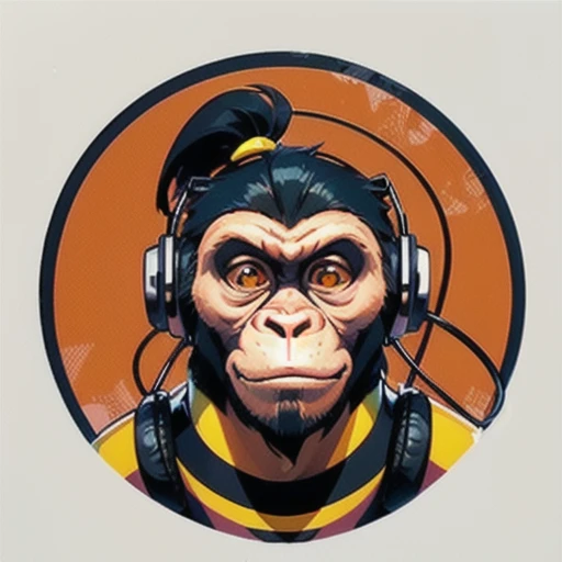 a close up of a sceptical monkey face, monkey dj, headphones are floating upside down, inspired by Alex Petruk APe, monkey, bored ape, face like monkey, monkeys, in style of monkeybone, in style of primal apes, ape, orange head, LP vinyl sticker design