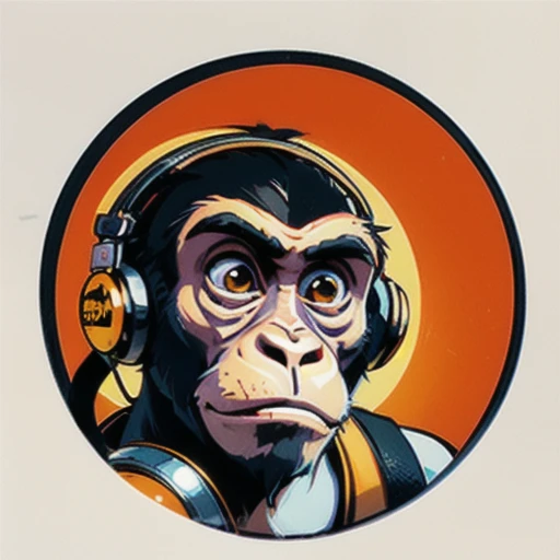 a close up of a sceptical monkey face, monkey dj, headphones are floating upside down, inspired by Alex Petruk APe, monkey, bored ape, face like monkey, monkeys, in style of monkeybone, in style of primal apes, ape, orange head, LP vinyl sticker design