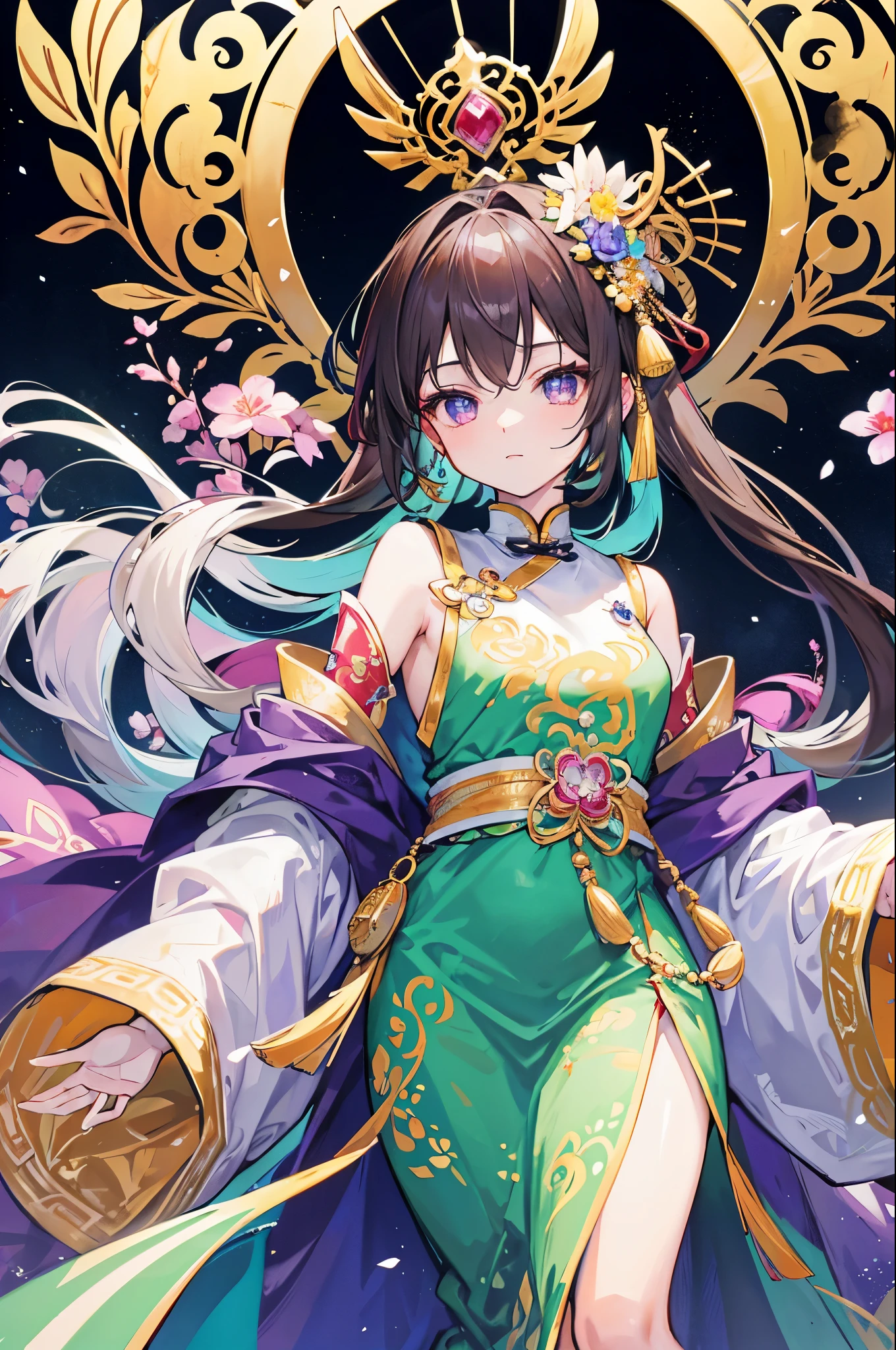 Extremely stunning,The whole body is glowing,Glow,Little princess,Extremely handsome, beautiful, tender and young,Late Qing Dynasty,Covered with gold and silver jewelry, luminous pearls and jade rings,Various decorations are prosperous,infinite beauty,Bit high weight,Light purple brown color scheme
