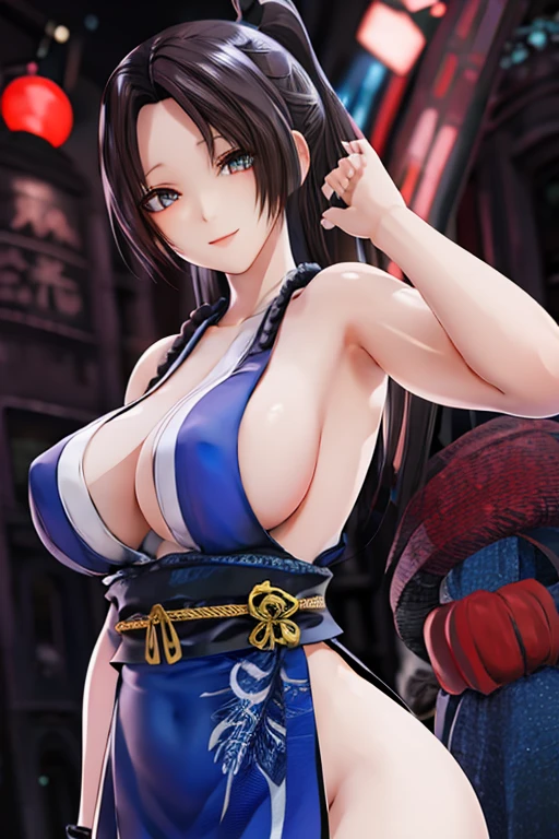 Black hair, blue eyes, large breasts, sexy, beautiful body, masterpiece, smile,japanese clothes(red color)
