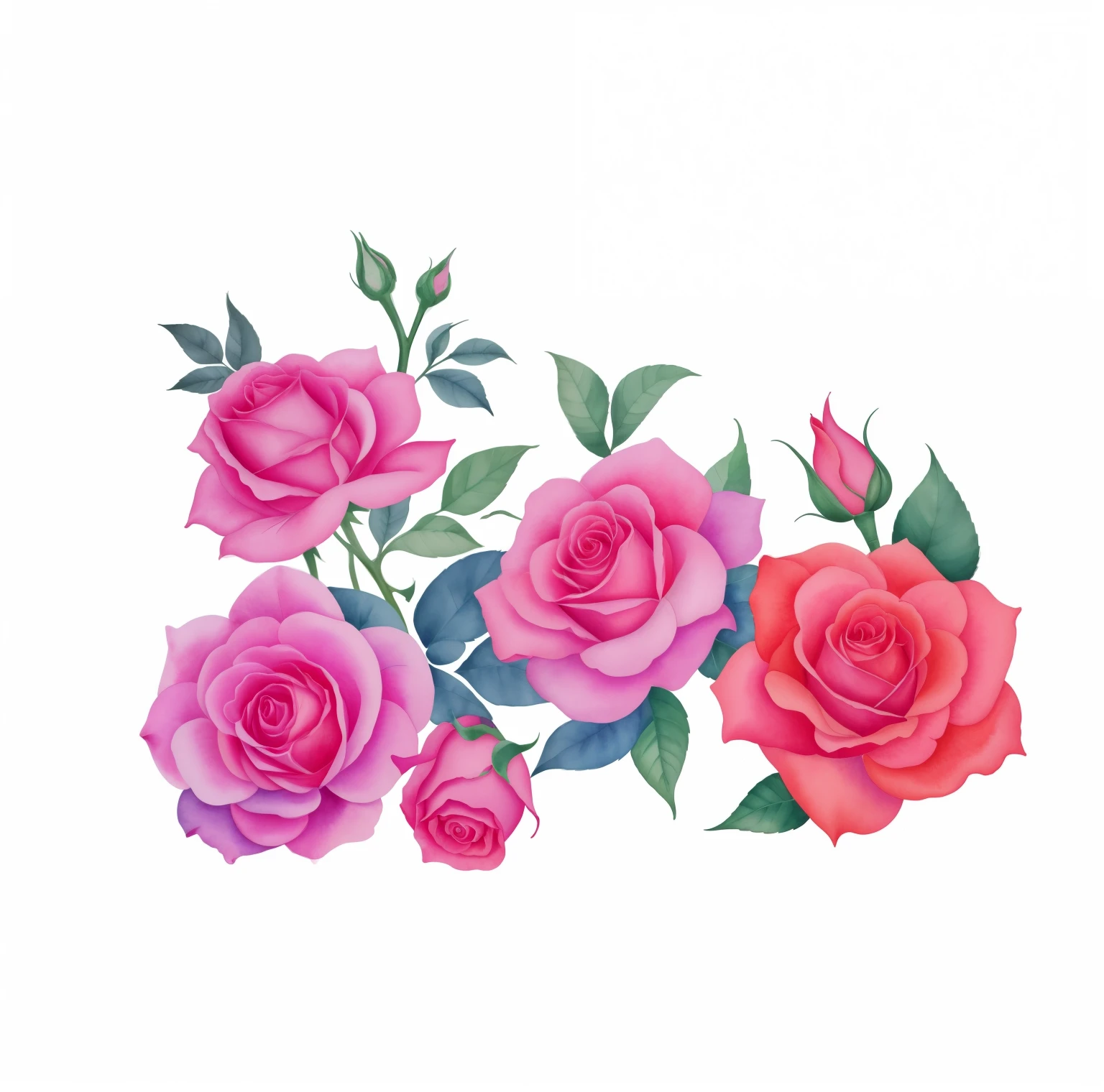 there are three roses that are on a white background, decorative roses, roses, with colored flowers, watercolor illustration style, by Nagasawa Rosetsu, a few roses, roses background, roses and lush fern flowers, rose background, made with illustrator, translucent roses ornate, watercolor painting style, watercolor style, pink rose, rosses, high quality illustration, rose