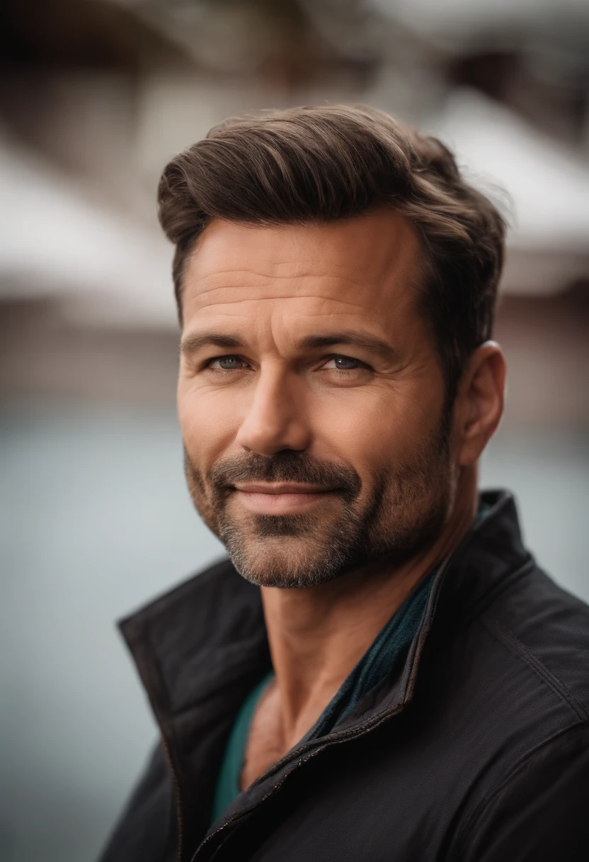 Portrait of a handsome 40 year old man with round face