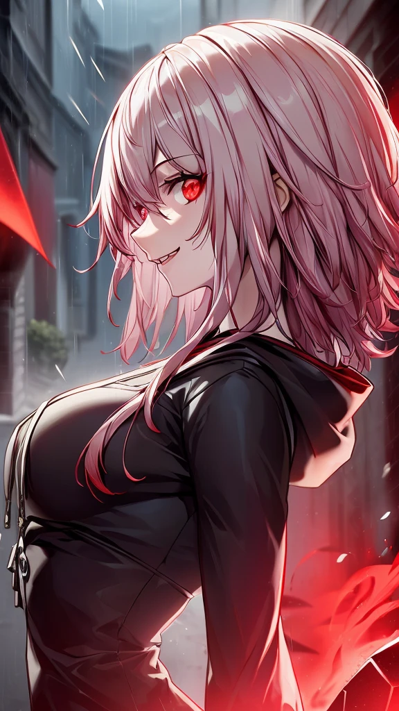 a dark red demon with horns and a hoodie, with red glowing eyes, red glowing eyes, evil smile and glowing eyes, the grim reapper, | demonic | horror themed, demon girl, grimdark vibes, evil glow, profile picture, helltaker, dark art style, villain wearing a red oni mask, with glowing red eyes, kk, best quality, more details, masterpiece, 1girl, kaneki ken, portrait, male focus, red eyes, solo, bangs, looking at viewer, hood, short hair, rain, tokyo tokyo \(hell\), hood up, nail polish, white hair, luxurious, 8k, detailed, ray tracing, depth of field, cinematic lighting, devil, demon, (((masterpiece)))、(((top-quality)))、((ultra-detailliert))、Vampires