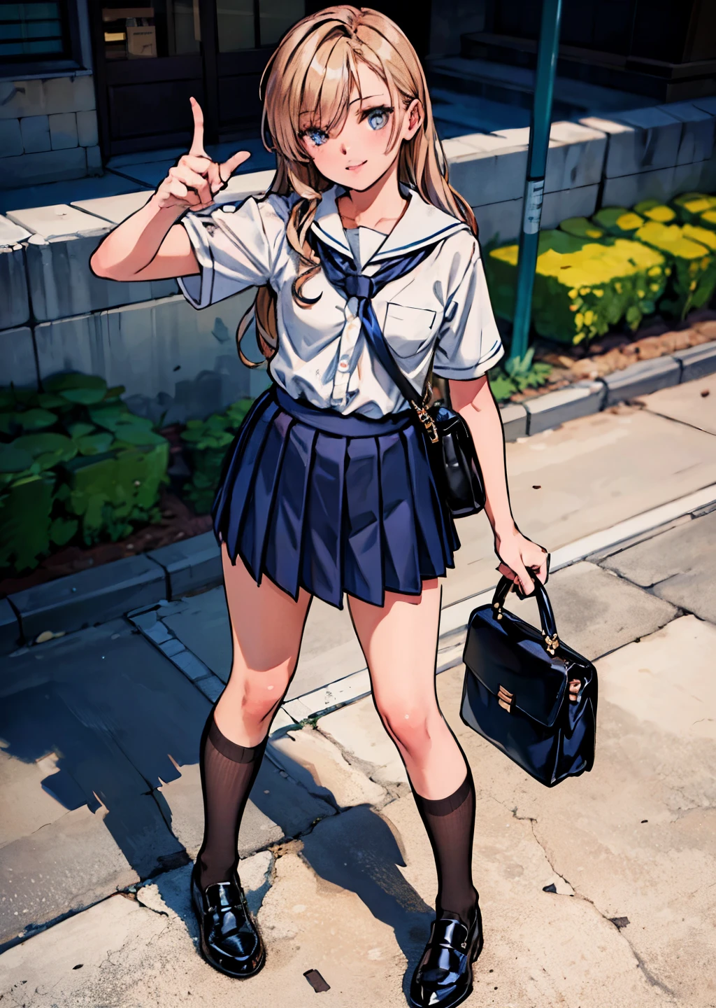 (best quality,4k,8k,highres,masterpiece:1.2),ultra-detailed,(realistic,photorealistic,photo-realistic:1.37),(full body),(from above),beautiful detailed eyes,beautiful detailed lips,extremely detailed eyes and face,long eyelashes,feminine,long wavy hair,(professional,model-like:1.1) ((wink)),laugh,pose,(left-hand pointing finger,graceful,elegant:nine),high-school uniform,pleated skirt,dark-blue high socks,shoulder bag,slim waist,