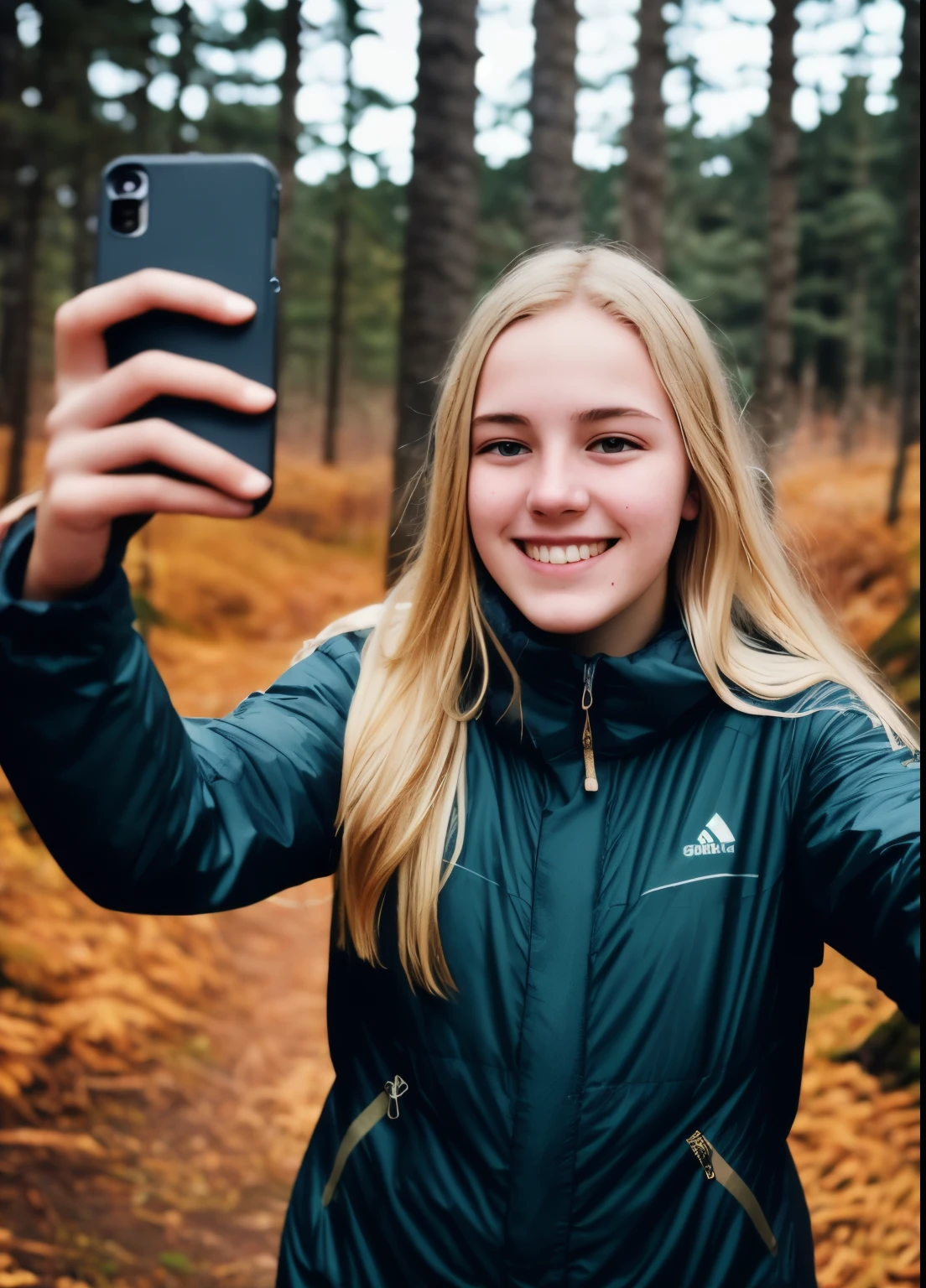 19 year old girl, intense blonde hair, beautiful smile at night in the forest, selfie, dressed for trekking, winter, laughing, at night, very dark, infrared photography, without flash, grainy, ((motion blur)), blurred, walking
