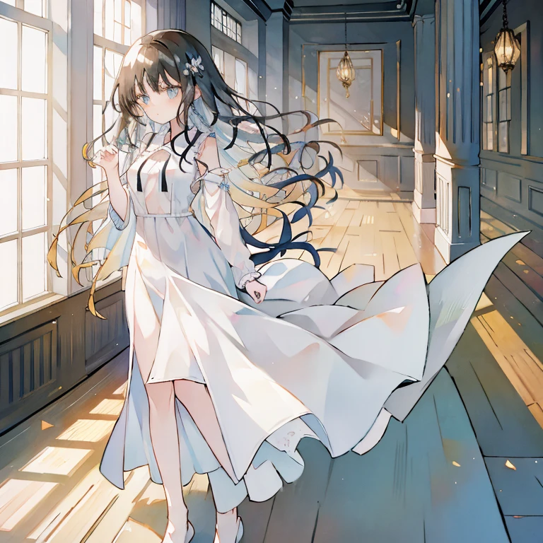 long black curly hair，Light blue eyes，Complete white chiffon dress，1 girl，standing beside window，Light golden morning light enters the window，Empty hall，It was dark all around，Dance，rotate，