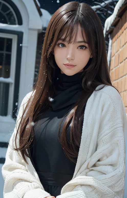 (surreal), (figure), (Improved resolution), (8K), (very detailed), (Best figure), (beautiful and detailed eyes), (highest quality), (Super detailed), (masterpiece ), ( wallpaper), (detailed face), alone, 1 girl, small details, detailed face, in the dark, deep shadow, discreet key, Pure erotic face ace_v1, smile, long hair, black shawl straight hair , 46 point diagonal bangs,Snowy landscape