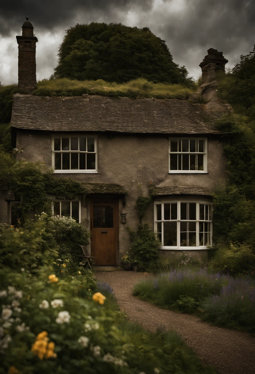 Extrememly realistic country cottage, dramatic cloudy skies, black mountain college, bloomsbury group, portraiture style of edwardian beauty, layered textures , elegantly formal (Rembrandt Lighting), zeiss lens, ultra realistic, (high detailed skin:1.2), 8k uhd, dslr, Dramatic Rim light, high quality, Fujifilm XT3 HDRI