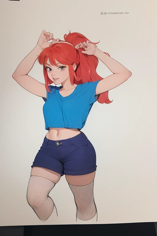 a drawing of a woman with red hair and a blue shirt, full body portrait of a short!, inspired by Rei Kamoi, in the art style of 8 0 s anime, anime style character, in an anime style, as an anime character, inspired by Jean Hey, cel shaded!!!, cel shaded:15, cel - shaded art style, in anime style