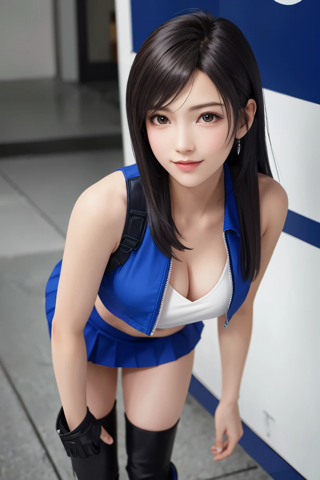 (top quality, masutepiece: 1.1), (Realistic: 1.3), BREAK (((FF7,Tifa_lockhart))),(solo,Tifa:1.2),(japanese ,race queen ,sleeveless,tight blue short jacket,Tube top,blue short skirt ,low rise, blue tight long boots:1.3) ,(super car,show room background:1.1,indoor),(model pose:1.3,nogizaka idol),Ultra-detailed face, Detailed eyes,Red eyes, BREAK (((FF7,Tifa_lockhart))),(black brown hair, Large breasts: 1.2), BREAK (Small and beautiful hard nipple)  About 18 years old,kawaii,happy smile,face focus:1.2,shy,blush,suggestive,sensual,looking at viewer,standing, 