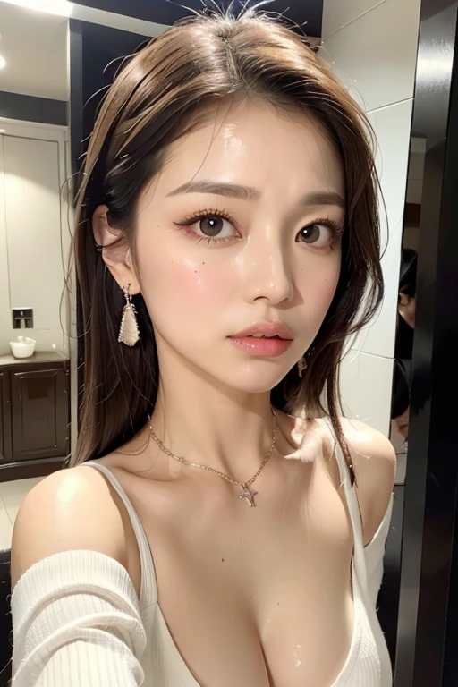 ((best quality, 8k, masterpiece: 1.3)), 1 girl, Slim Abs Beauty: 1.3, ( Casual and cute hairstyle: 1.2), : 1.1, Charming face expression of enjoyment and desire, Detailed eyes, double eyelids, With earrings, bedroom, Concert makeup, ((Medium breasts nude, cute breasts)), (Lying in bed), (The portrait was taken from above her lying body)