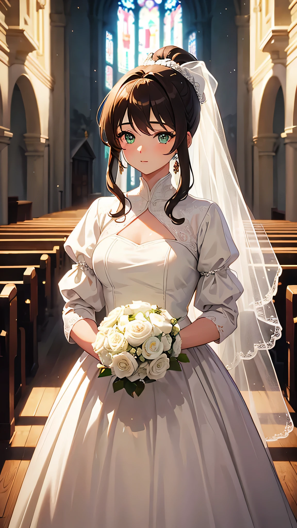 (masterpiece:1.2, best quality), (finely detailed beautiful eyes: 1.2) a anime bride with a brown ponytail, green eyes, in a white wedding dress, standing in church, facing camera, happy