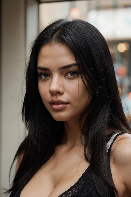 create a face, dar black hair, face similar to adriana lima young