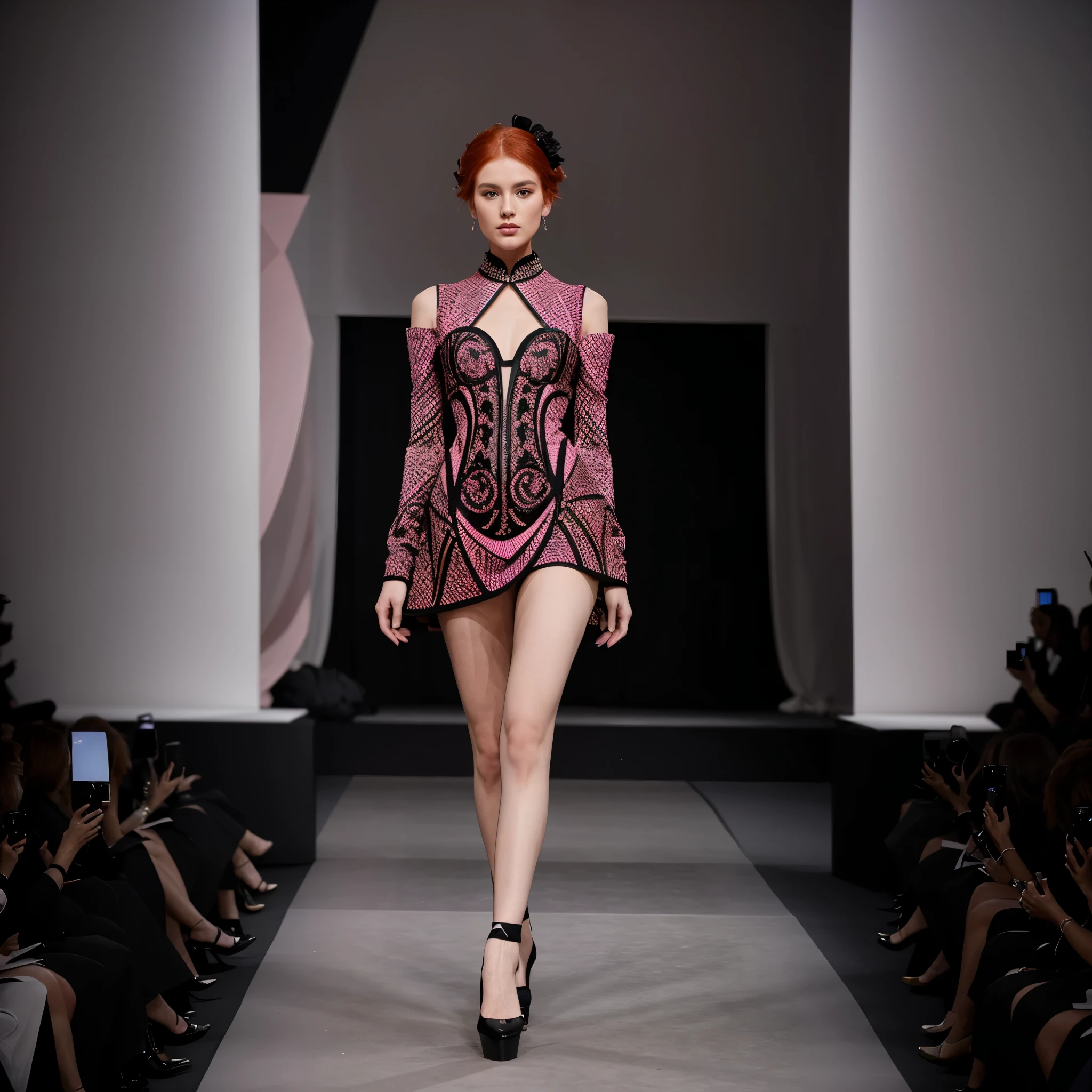 Beautiful 20-year-old redhead model with a pixie cut, wearing a fitted dress with vertical pink and black stripes, walking the runway at a haute couture fashion show in Paris.