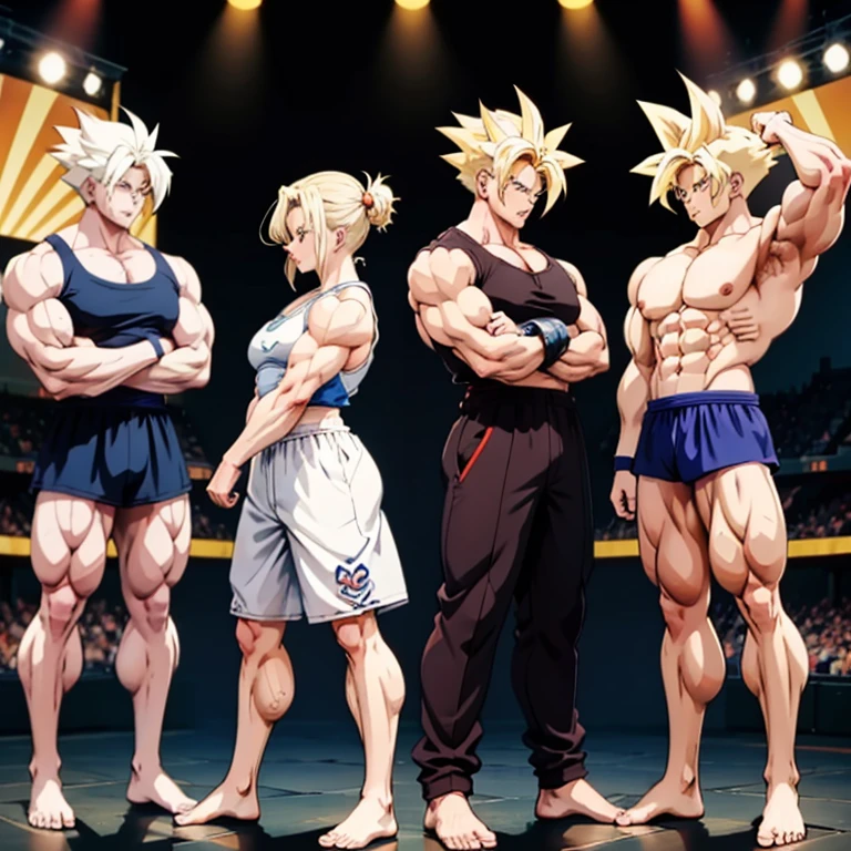 Anime-Stil , High quality full body image of Goku as a bodybuilder, ist&#39;Ich trage nur einen Tanga , ohne Schuhe, Feet, bare Feet, massive muscular body, huge muscular shoulders, Massive big biceps, defined muscular chest, Brustmuskeln, Venen im Bizeps, Muskelbeine, massive muscular abs, Bizepsflex. posierend, Sie schwitzt, very muscular, The toned body shines in the spotlight, he is standing on a stage, much muscular sexy, Bodybuilding-Pose, Rear view, The strongest 