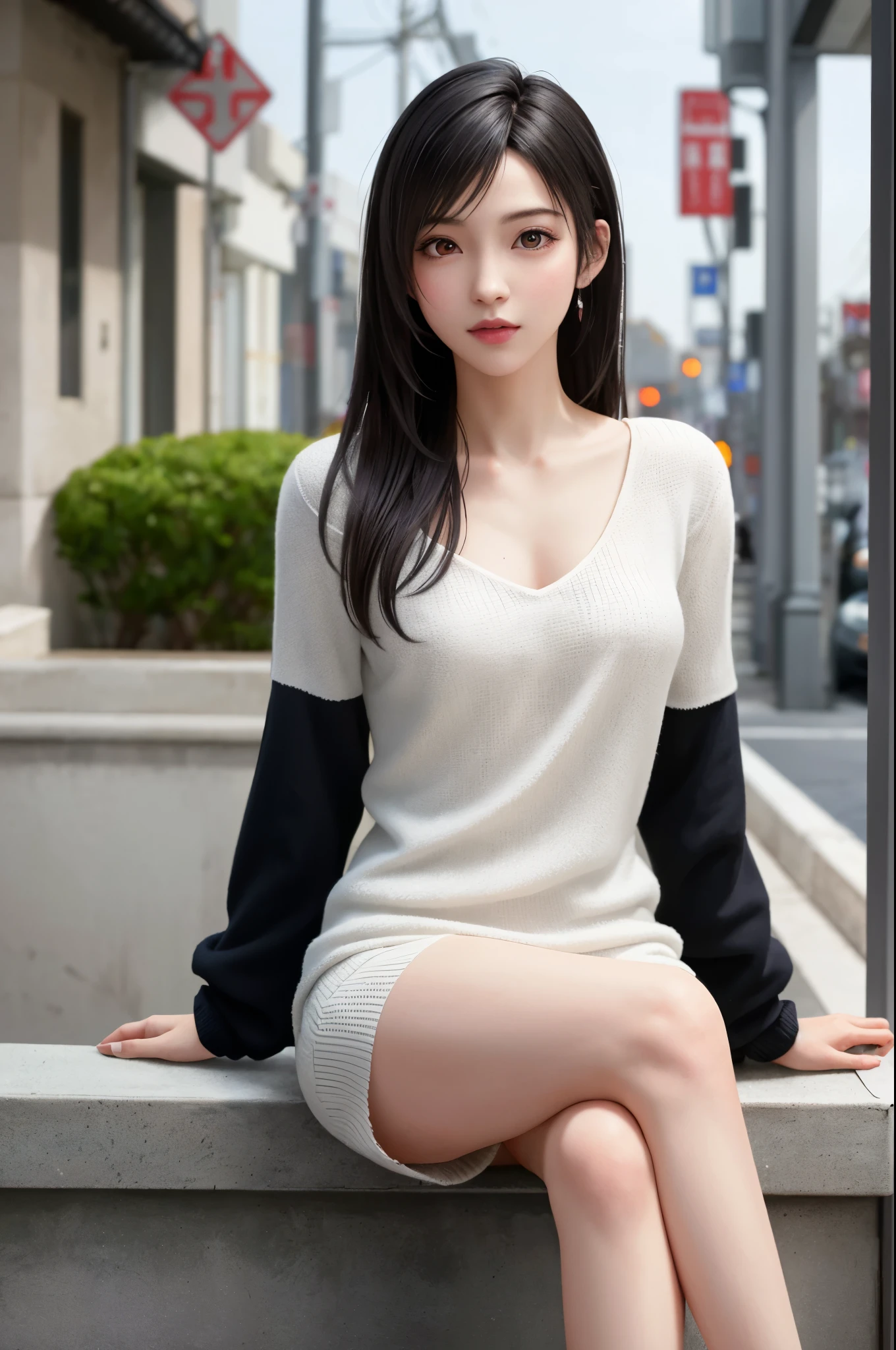 (top quality, masutepiece: 1.1), (Realistic: 1.3), (photoRealistic: 1.3), BREAK (((FF7,Tifa_lockhart))),(solo,Tifa:1.2),(loose knit sweater dress:1.3,oversized sweater:1.3,long sleeve:1.2,white),(short pants),(tight very long boots:1.2),(background big city,shibuya:1.1,night:1.3,neon:1.2),(model pose:1.3,nogizaka idol,crossed legs),Ultra-detailed face, Detailed eyes,Red eyes, BREAK (((FF7,Tifa_lockhart))),(black brown hair, Large breasts: 1.2), BREAK (no bra),(Small and beautiful hard nipple) , About 18 years old,kawaii,(face focus:1.0,face close up:1.0),sensual,zettai_ryouiki:1.1,looking at viewer,cowboy shot,behind wall