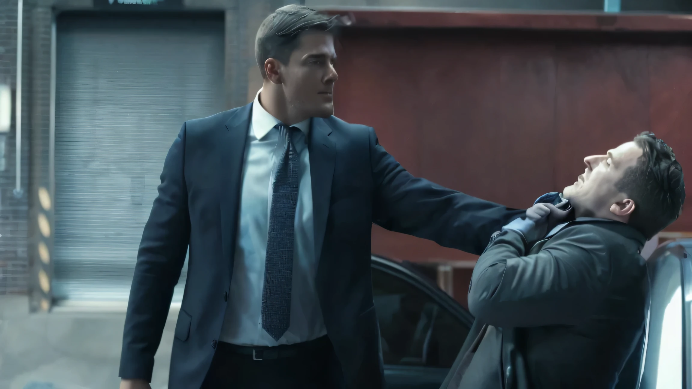 Reacher in suit and tie holding another man&#39;s neck, foto de filme, Still image from Prime Video&#39;s Reacher TV series, cena de filme, live action film photo, cena favorita, estilo de carbono alterado, still photo from the film , from the Reacher series, melhor cena, , carbono alterado