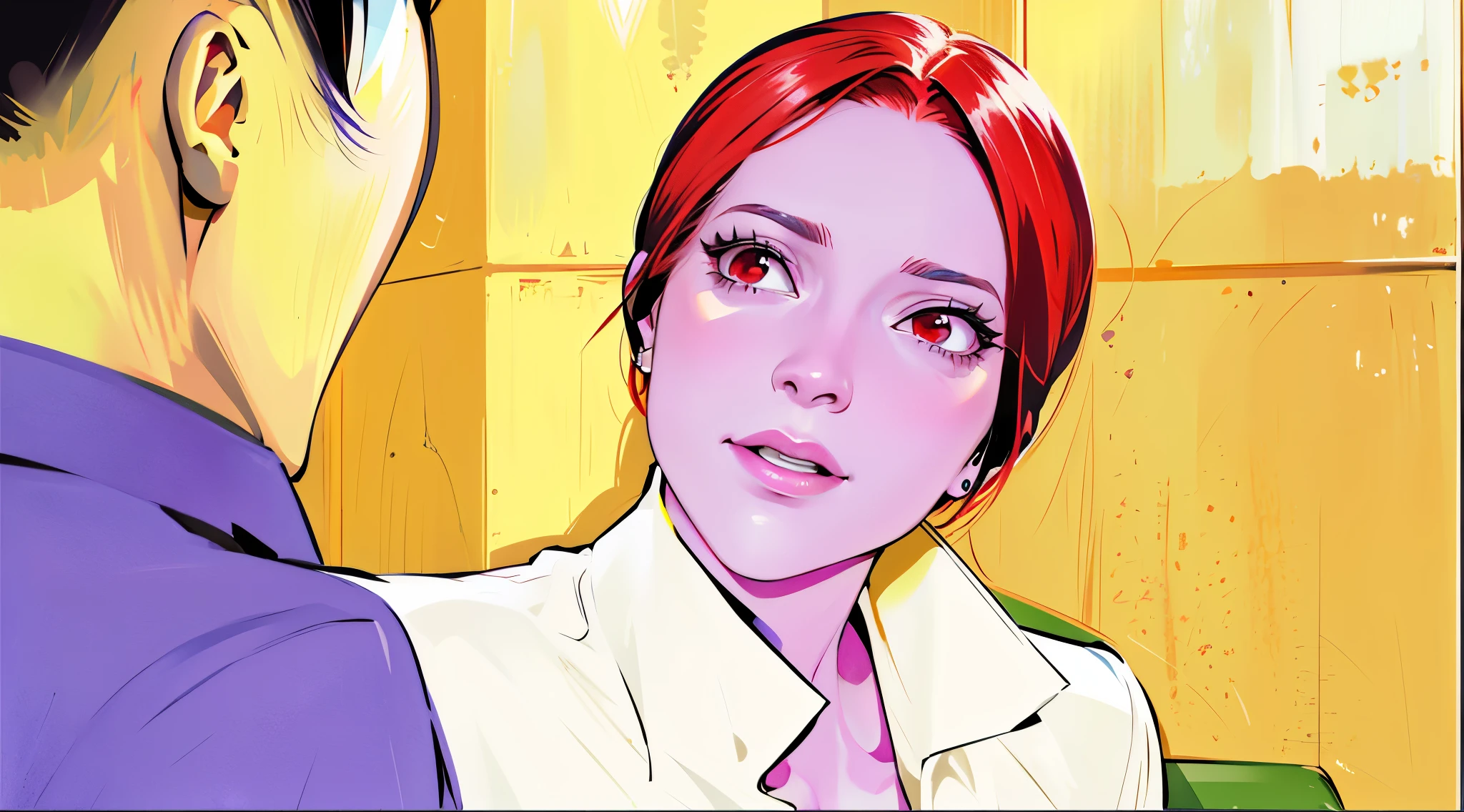 There is a woman with a malicious look, an ambitious look, planning something bad. She is 35 years old with red hair, red eyes, light purple skin, talking to a student.