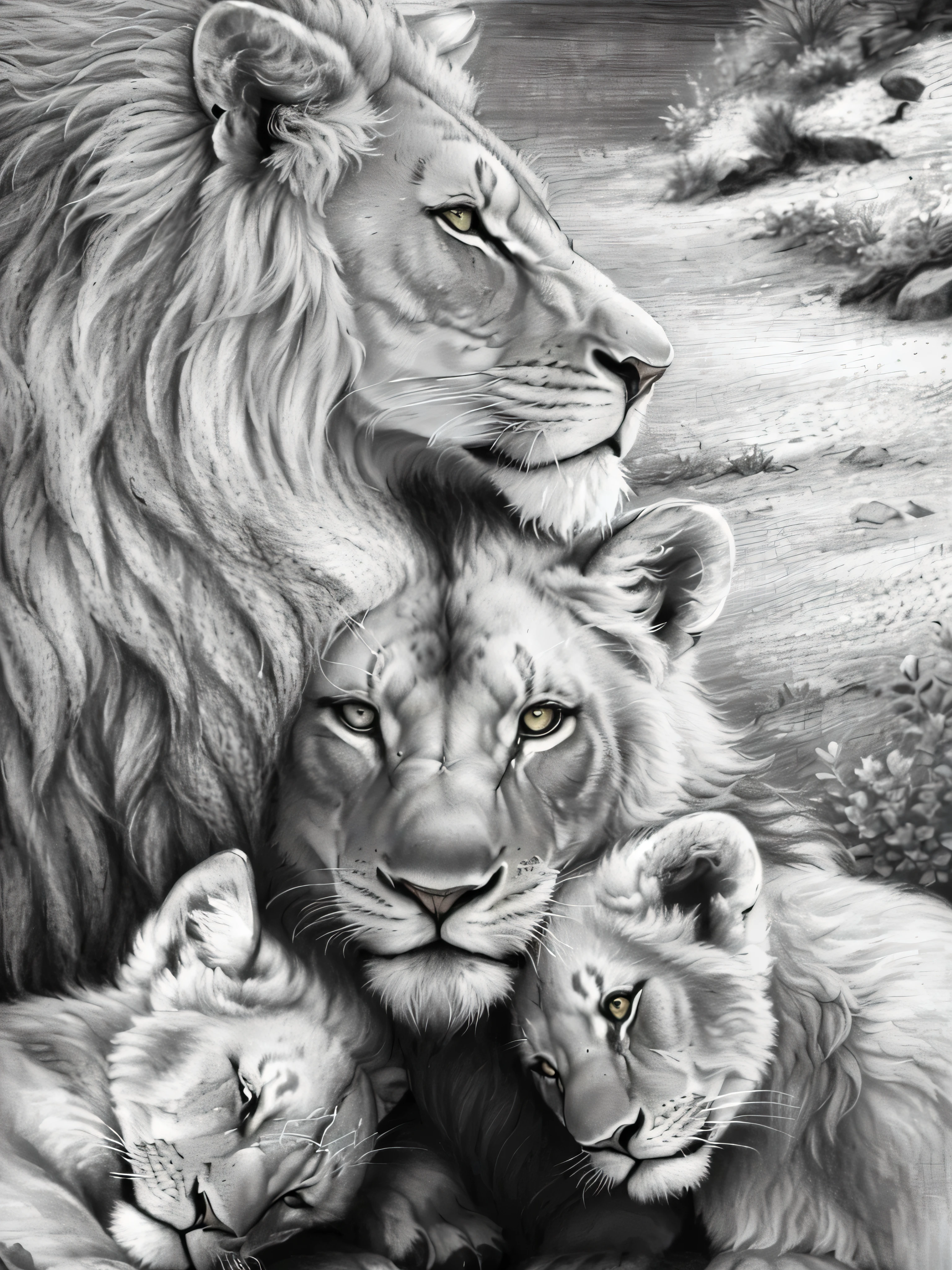 a drawing of a lion color and its cubs in nature, desenho da vida selvagem, Animais bonitos detalhados, desenho detalhado em 4k, detailed pencil drawing, lions, highly Desenho detalhado, 4k. Desenho detalhado, fantastic art, arte muito detalhada, arte altamente detalhadawork, high quality sketch art, high Desenho detalhado, detailed pencil sketch, arte altamente detalhada, ultra detailed pencil drawing