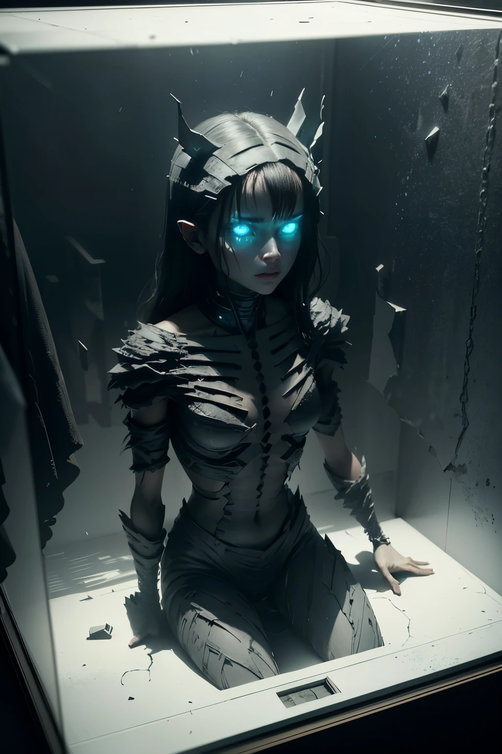 In the heart of a dark, desolate room, humanoids are imprisoned within transparent glass boxes, their agony clearly visible in their tortured expressions. The scene is depicted in high definition, with photorealistic details that amplify the horror. The black and white color palette adds an air of chaos and intensity, with hd shadows casting ominous shapes that further accentuate the fear. The photographed images are captured using a Nikon D850, showcasing realistic and extremely detailed textures. The hyperrealistic style, reminiscent of Joshua Hoffine's photography, is amplified by the use of 3D rendering and octane render, resulting in cinematic, 4
