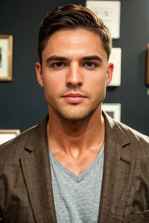 an attractive man of fifty with short brown hair thick eyebrows gray eyes without a beard square face with a sad expression in a brown jacket and a black t-shirt stands in a museum