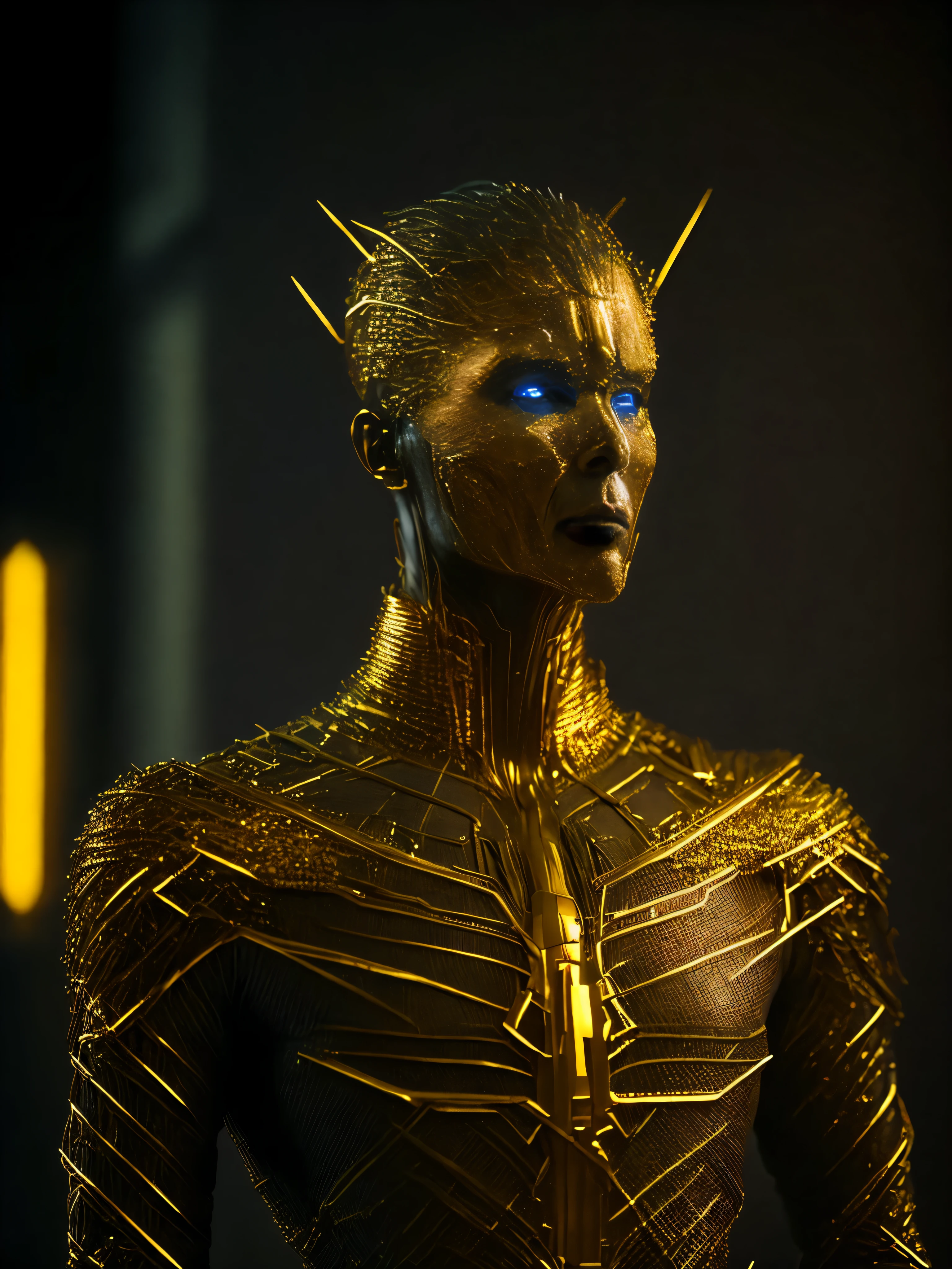 Gloomy portrait of non-human Grim made of gold sprayed with gold wires from Marvel with intricate angular cybernetic implants inside a brutalist, Gothic abounded hospital, cyberpunk, award-winning photo, bokeh, neon sign lights, cybernetic limb