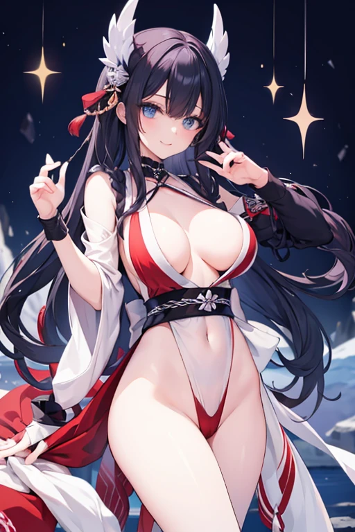 Black hair, blue eyes, large breasts, sexy, beautiful body, masterpiece, smile,japanese clothes(red color)