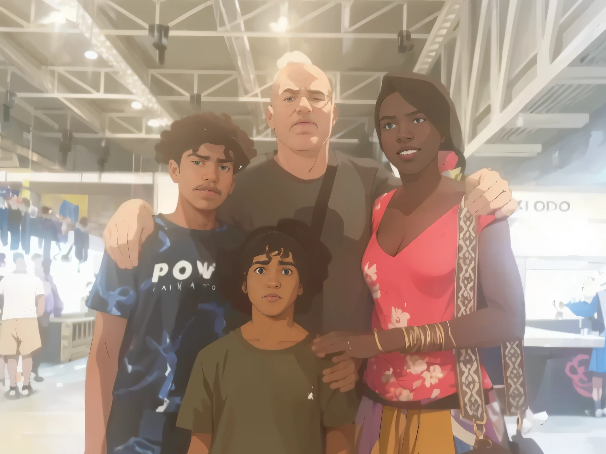 Genera una imagen cartoon a partir de una foto real manteniendo la identidad de los personajes. La entrada es una Imagen de una familia de cuatro personas el padre blanco de poco pelo y barba de dos dias blancos, una madre de color con el pelo recogido, dos hijos mulatos de pelo muy rizado, uno de ellos afro, and the output must be a cartoon version that preserves the recognizable characteristics of the character
