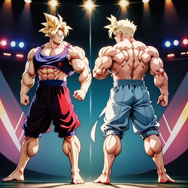 Anime-Stil , High quality full body image of Goku as a bodybuilder, ist'Ich trage nur einen Tanga , ohne Schuhe, Feet, bare Feet, massive muscular body, huge muscular shoulders, Massive big biceps, defined muscular chest, Brustmuskeln, Venen im Bizeps, Muskelbeine, massive muscular abs, Bizepsflex. posierend, Sie schwitzt, very muscular, The toned body shines in the spotlight, he is standing on a stage, much muscular sexy, Bodybuilding-Pose, Rear view, The strongest