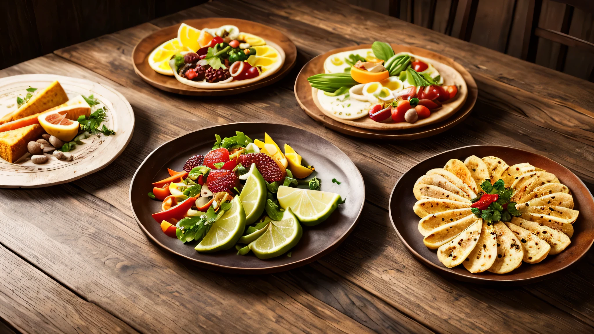 There are many exquisitely arranged foods displayed on a weathered wooden table, bathed in soft light against a dark background. The highly detailed composition showcases a vibrant and healthy spread, inviting the viewer's gaze with each intricately textured morsel. This stunning, high quality photo, sourced from istock, exudes a hyper-realistic atmosphere, as if each bite could be savored in full 4K textures.
A rich and aromatic platter of delicious dishes unfolds before us, beckoning with its tantalizing hues and intricate details. Each element, from the delicate curve of a vegetable to the inviting sheen of a ripe