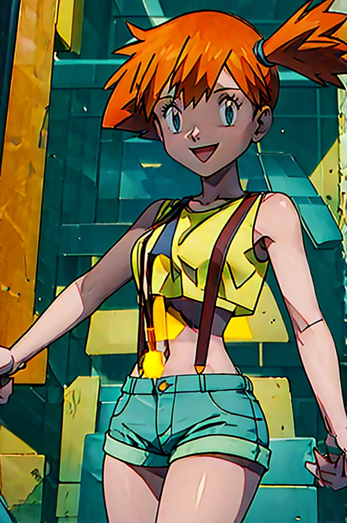 masterpiece, best quality, highres, 1girl, misty (pokemon), orange hair, solo, shorts, suspenders, side ponytail, orange hair, midriff, yellow crop top, navel, short hair, denim, denim shorts,, smile, cowboy shot, outdoors, Under Boob, detailed mid breasts, Externally expanded Chest,