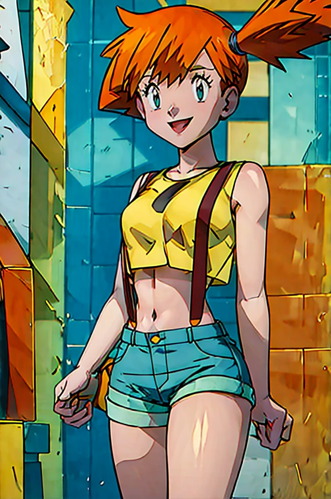 masterpiece, best quality, highres, 1girl, misty (pokemon), orange hair, solo, shorts, suspenders, side ponytail, orange hair, midriff, yellow crop top, navel, short hair, denim, denim shorts,, smile, cowboy shot, outdoors, Under Boob, detailed mid breasts, Externally expanded Chest,