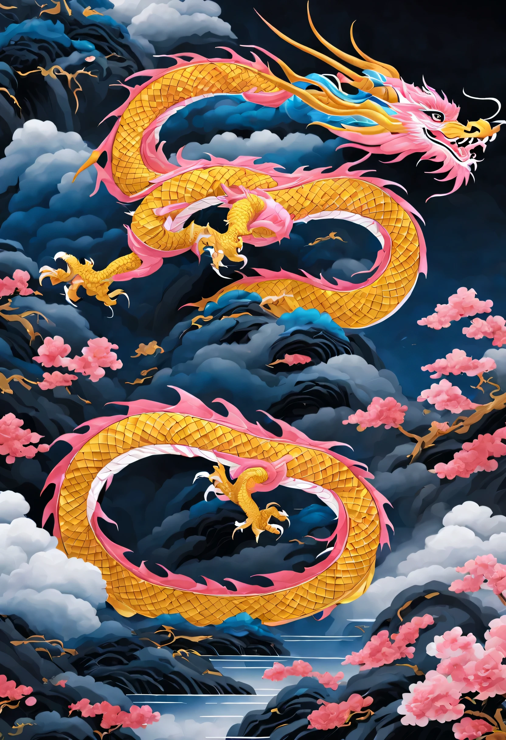 1 stop，upon the clouds，The details are very clear，8k，The dragon is pink，Also available in white，只要1 stop就行，not too many elements