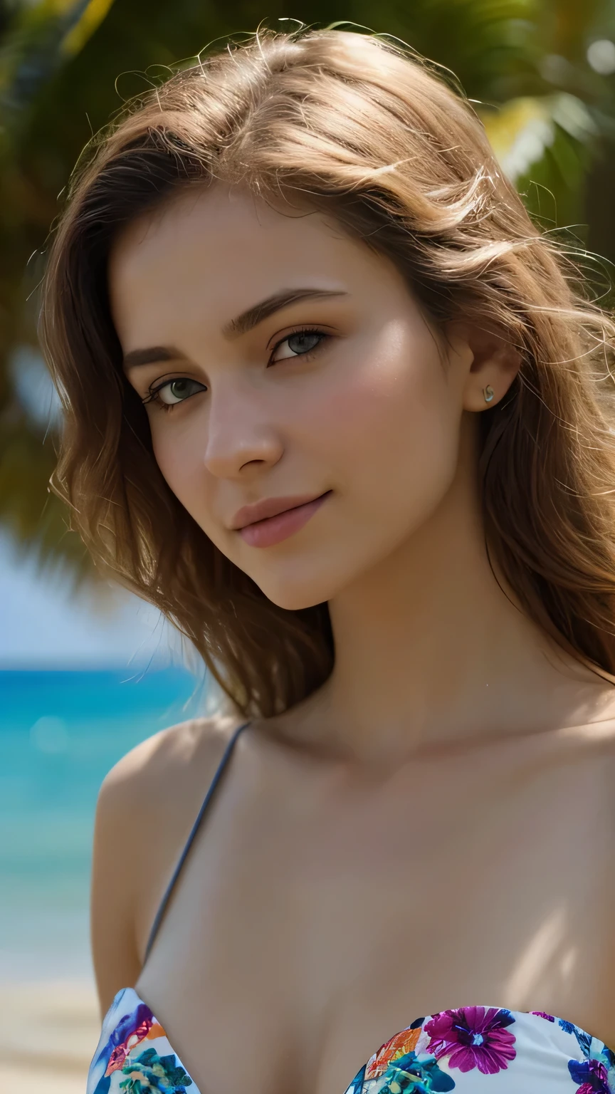 Bandeau Bikini, I can see the cleavage, 柔らかいbig breasts, smile, Beautiful model from Ukraine, tropical beach, sunlight, 1 Girl with a beautiful face, Professional upper body photo shoot, (photo 4k:1.1) , (sharp focus:1.3), high detail, Instagram pattern pose, With confidence, slim girl, big breasts:1.3, perfect anatomy, perfect symmetry:1.3, realistic, realistic face:1.2, perfect face, content, With confidence, very detailed, and dramatic, cinematic lighting, lighting scene, soft light