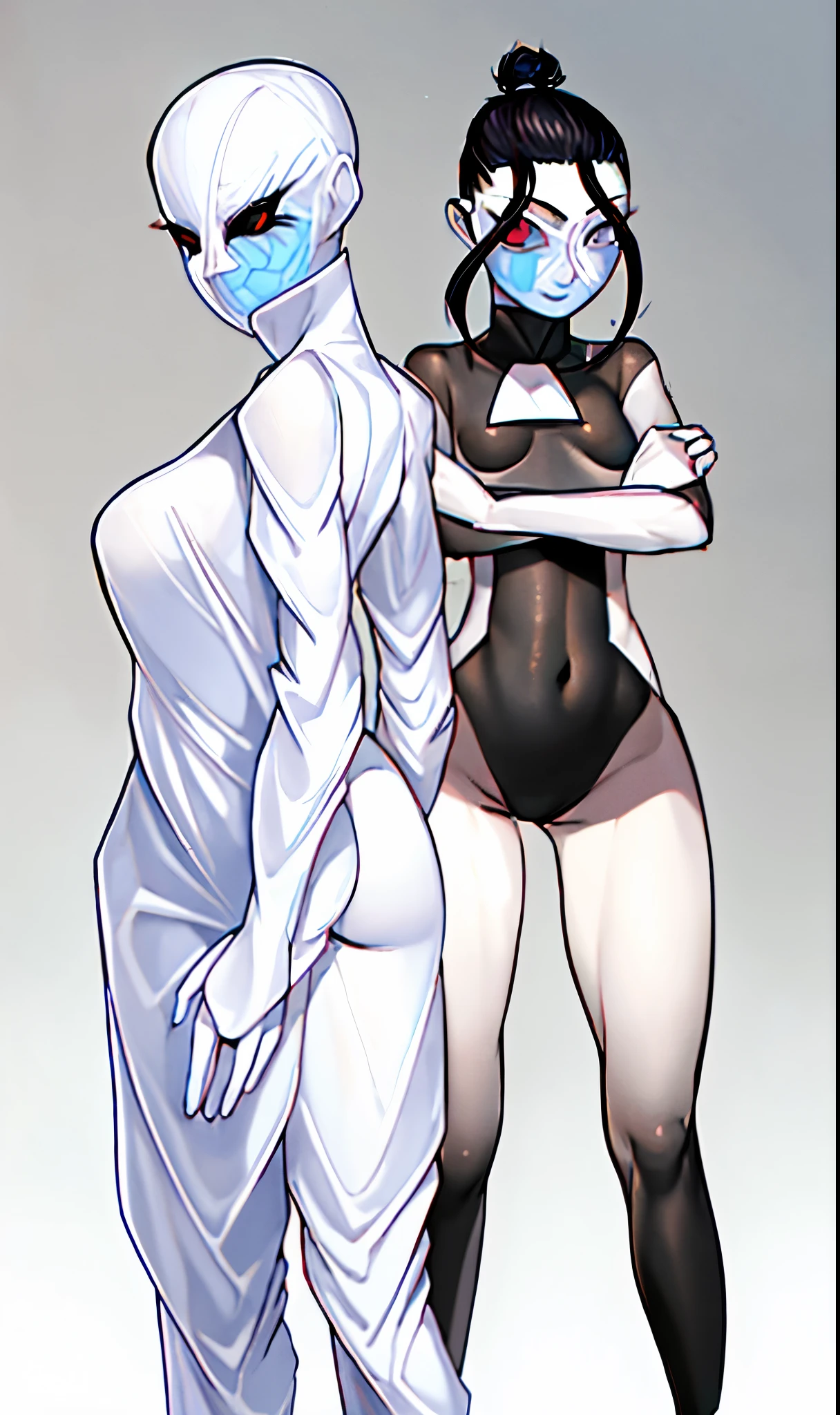 desenho animado de um homem e uma mulher ao lado um da outra mulher sem rosto e sem cabelo, close de corpo inteiro, full body distant view, She has pale blue skin!!!, black-white skintight robes!, close-up de corpo inteiro, pale bluish skin, pose neutra, nfsw +18