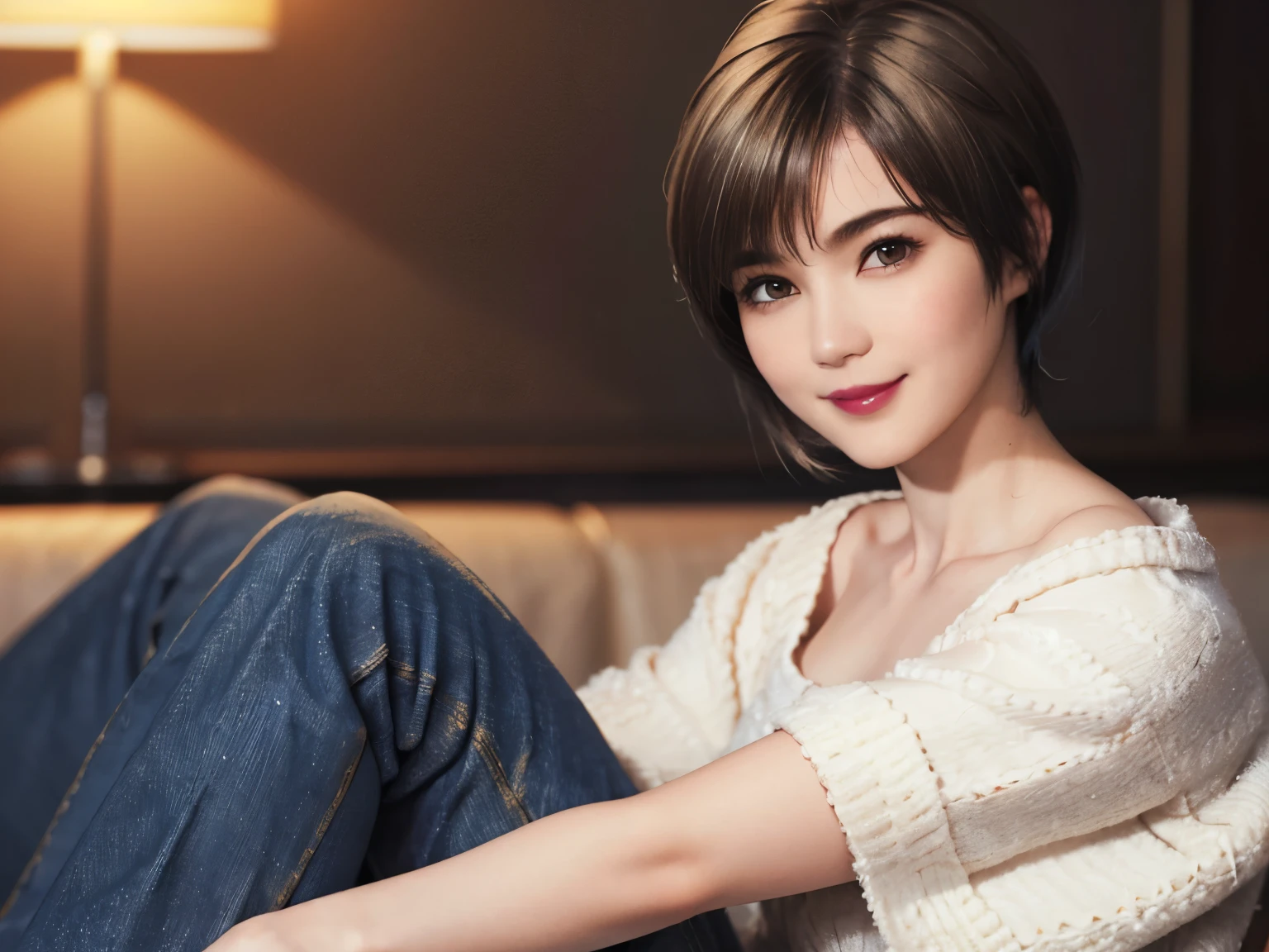 150
(20 year old woman,jeans), (Super realistic), (high resolution), ((beautiful hairstyle 46)), ((short hair:1.46)), (gentle smile), (brest:1.1), (lipstick)