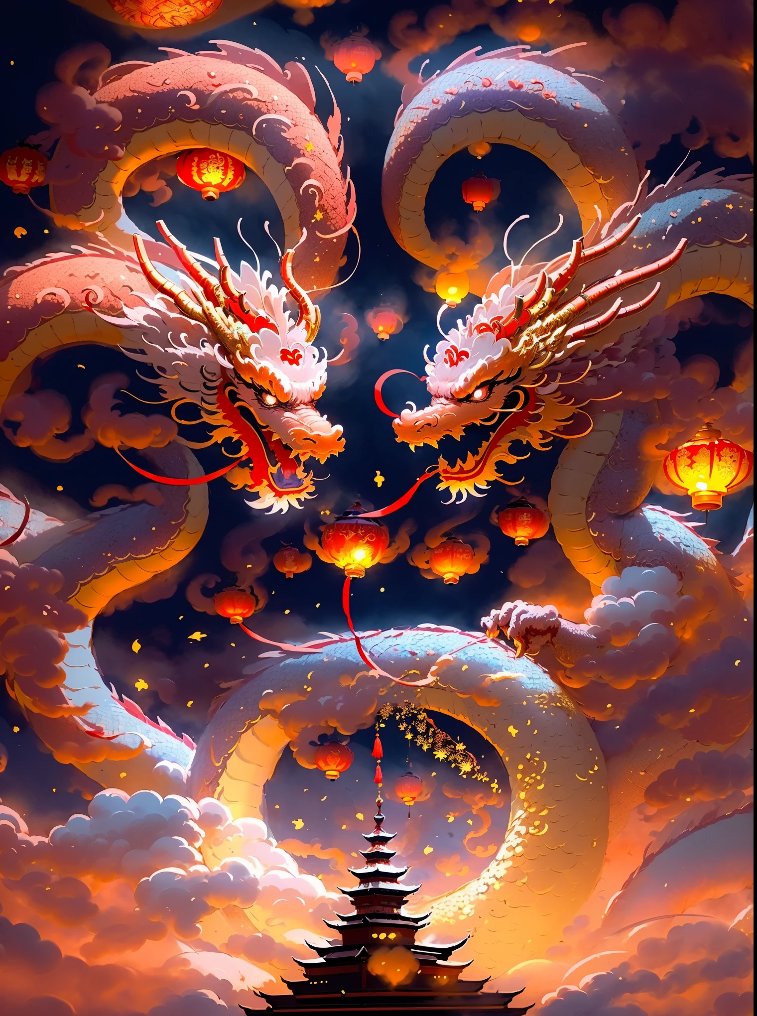 Oriental Dragon is of high quality, high resolution, Intertwined in the gorgeous fireworks, Traditional Chinese New Year celebration, Serpentine，Decorated with ornate patterns, Dragon exudes auspicious energy, The sky is filled with fireworks, Festive reds and golds dominate the color palette, happy atmosphere, The embodiment of prosperity and good fortune, Majestic flight through bursts of color, Intricate cloud patterns adorn the night, Sparks reflected from dragon scales, (best quality,4K,8k,high resolution,masterpiece:1.2), Super detailed, (actual, photoactual, photo-actual:1.37), grand festival, Cultural Heritage Celebration, symbolic creature in carnival, Fireworks like blooming flowers, Sparkling eyes full of energy and excitement, A fusion of tradition and celebration, Firecracker chorus, Dragon dancing in the sky, Cultural celebrations, Full moon silhouette, The lantern glows, (Dazzling brilliance:1.1), (Timeless elegance:1.1)