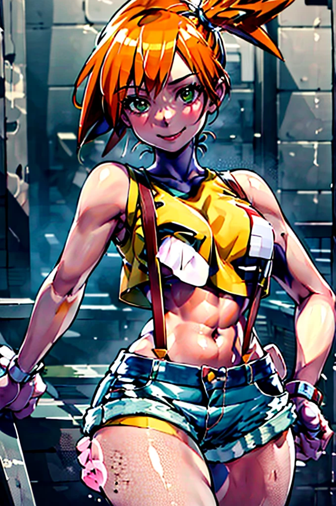 Misty_Pokemon, yellow crop top, suspenders, side ponytail, orange hair, denim shorts, stretching pose, from the side picture, cinematic light, hot posture, perfect body