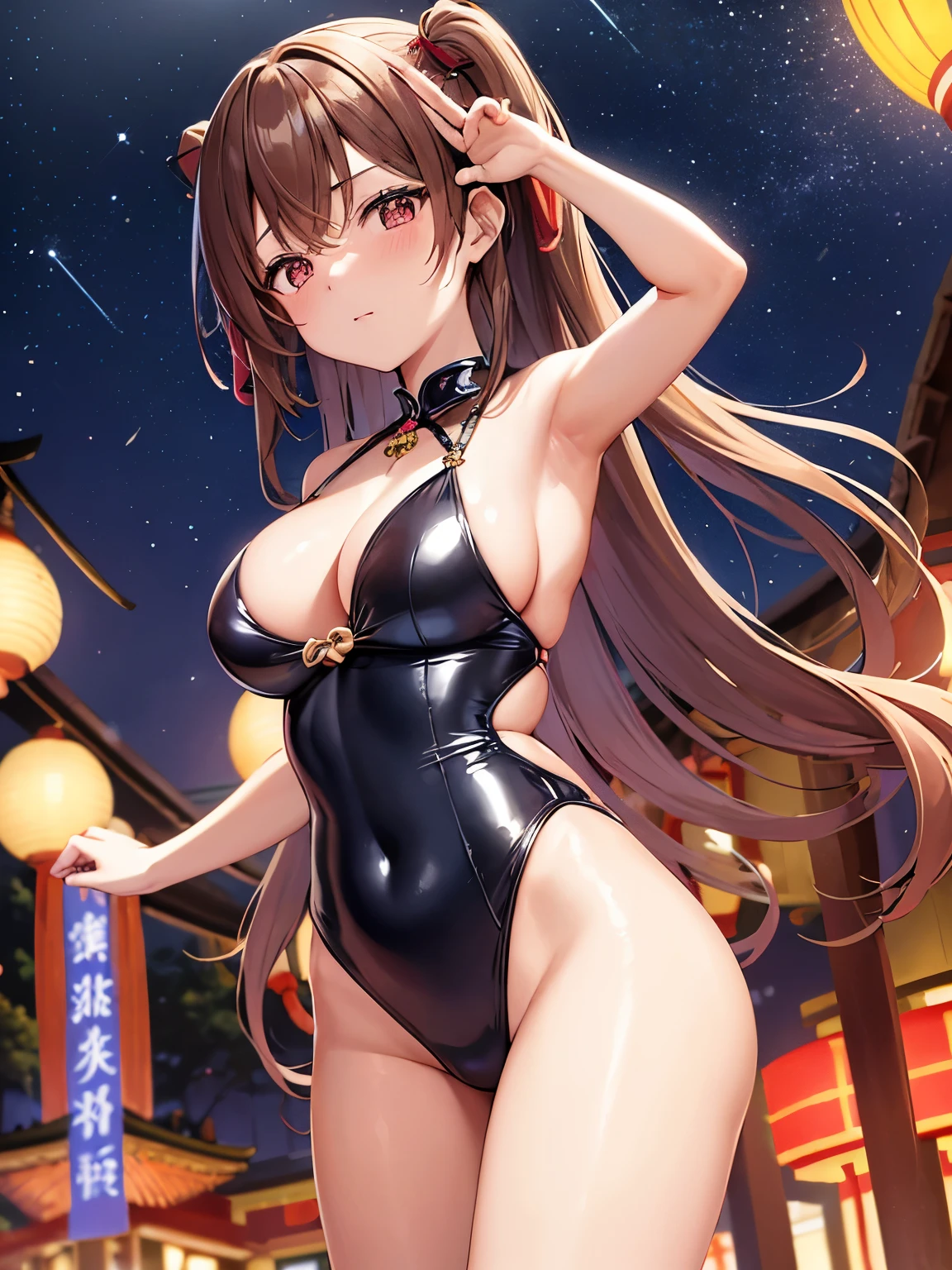 Envision an anime girl with chestnut-brown hair styled in loose curls, adorned with traditional Chinese hair sticks. Her latex swimsuit, inspired by the vibrant colors of the Lantern Festival, features a rich blend of red, gold, and navy blue. Posing under a starlit sky filled with floating lanterns, she stands with arms outstretched, capturing the enchantment of the festival. The latex swimsuit has lantern-shaped charms and subtle metallic sheen, and her expression is one of romantic fascination, embodying the moonlit romance of a Lantern Festival muse.