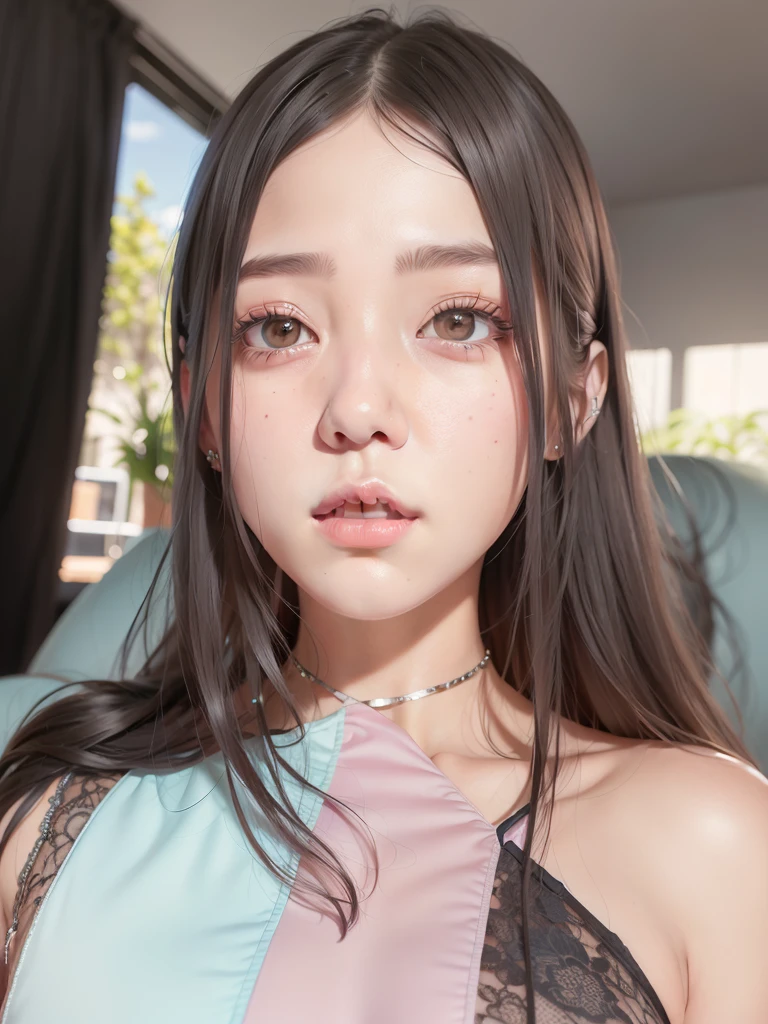 hay una mujer con pelo largo y un vestido morado, ulzzang, inspirado en Sim Sa-jeong, inspirado en Yanjun Cheng, retrato realista kawaii, pale korean adorable face, 8k selfie photography, Retrato suave 8 K, yanjun chengt, maquillaje popular de corea del sur, obra de arte al estilo de guweiz, estilo anime realista 3d, cabello negro sedoso, jennie de black pink, jennie, black pink
