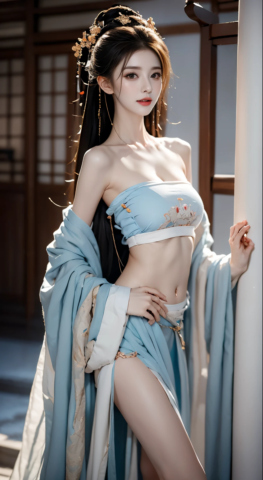 best picture quality,Very detailed,extremely high resolution,perfect body proportions,Works by top photographers。Beautiful Hanfu girl,long eyelashes,big eyes,shining eyes,lying silkworm,plump lips,small nose,a happy expression,Sweet,Exquisite makeup,full-body shot,snow White, Jade legs are thin and straight,snow white skin,White embroidered skirt,necklace,Expose long legs,lace,Sweet,long hair fluttering,best quality,masterpiece,full-body shot,facial focus,The bust is very prominent,thin waist,snow white belly,belly button,imagine,Seven part shoot model: hanfu, CFG scale: 7, Lola: future fashion(0.4)、rainbow(0.4)、martial arts(0.2)、Asian face woman-2(0.4)、poetic fairy tale(0.01)