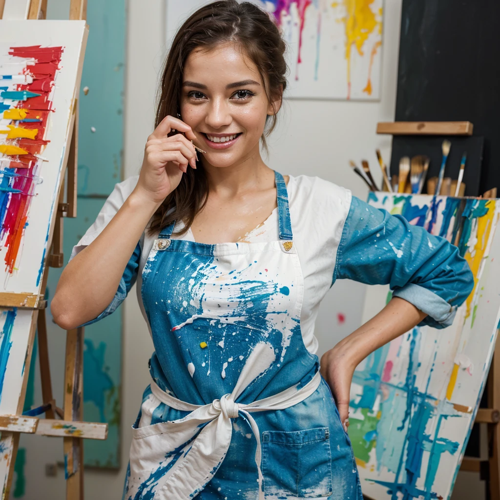 Youth 20~40 years old, A young woman, close up, in an art studio, her apron covered in paint splatters, holding a paintbrush, with an accomplished smile as she steps back to admire her finished canvas, detailed finger, hands, nails, perfect fingers, she doing art painting, realistic, 4k, occasion woman 