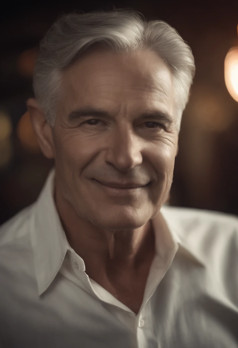 An attractive sixty year old man with gray hair light eyes square face wearing tragi tie in a gay club