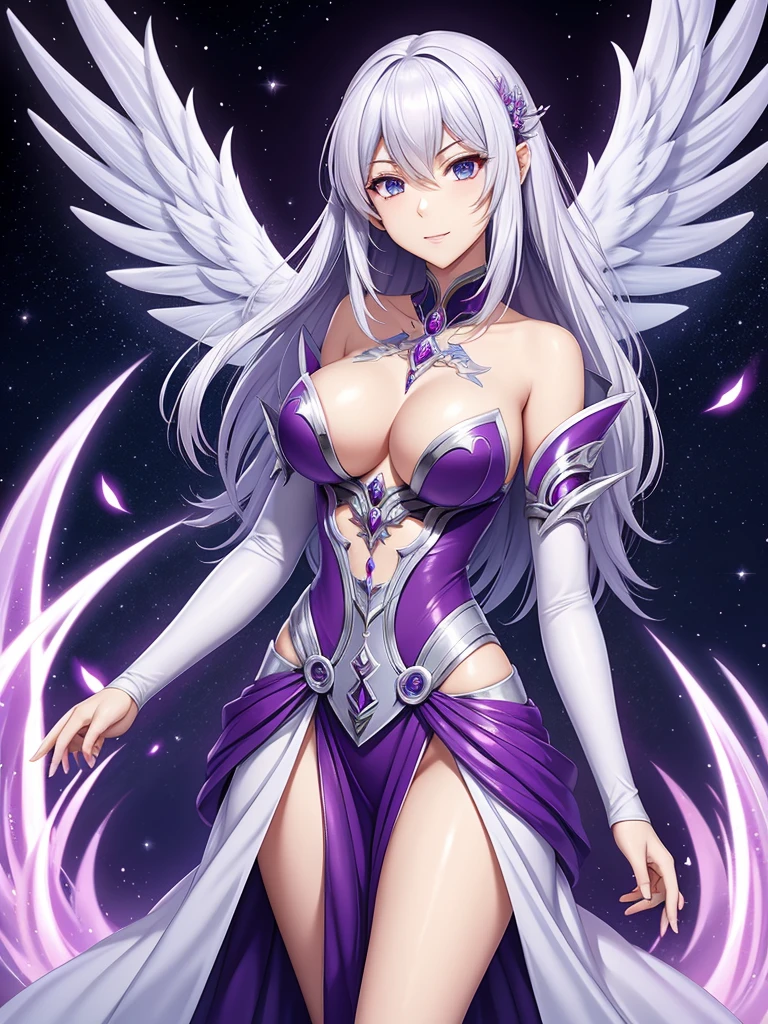 Kira Aetheria possesses the same ethereal and enchanting appearance as Kazuki Aetherwind. With silver-white hair and piercing amethyst eyes, Kira commands the mystical energies of the realm with grace and finesse. Her presence, marked by celestial wings and intricate runic tattoos, resonates with the magic that flows through the enchanting world of Eldoria.