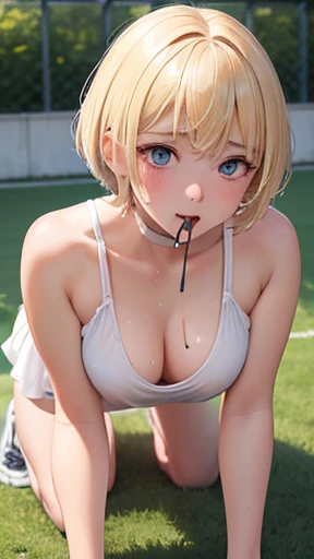 Very detailed image 8k European junior high school girl Beautiful girl Blonde Short hair Small  Beautiful legs Blushing Outside Athletics Crawling  Composition viewed from directly below Mouth wide open and tongue sticking out White skin Regretful expression White dress Looking at camera Full body covered in sweat