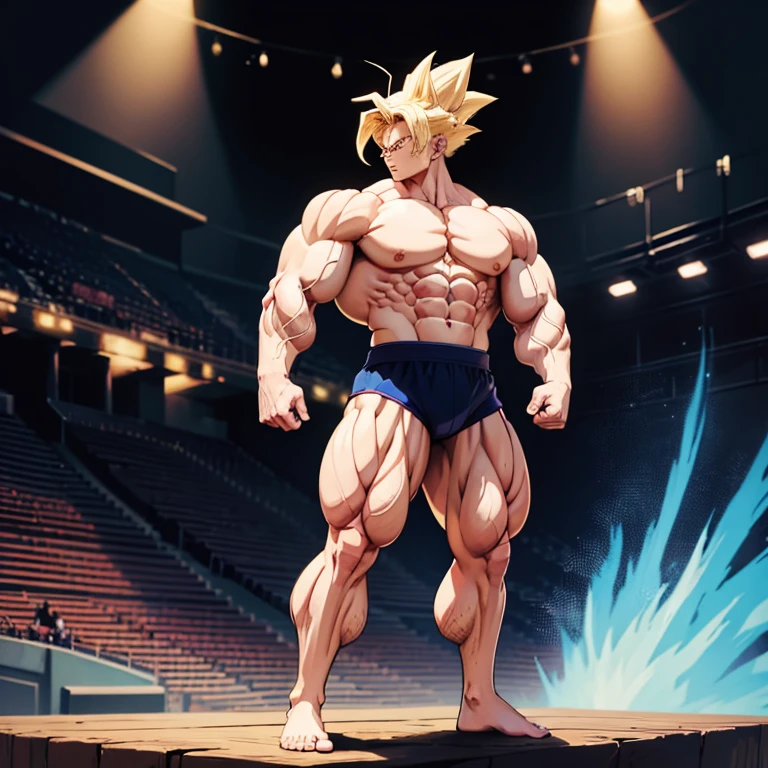 Anime-Stil , High quality full body image of Goku as a bodybuilder, ist&#39;Ich trage nur einen Tanga , ohne Schuhe, Feet, bare Feet, massive muscular body, huge muscular shoulders, Massive big biceps, defined muscular chest, Brustmuskeln, Venen im Bizeps, Muskelbeine, massive muscular abs, Bizepsflex. posierend, Sie schwitzt, very muscular, The toned body shines in the spotlight, he is standing on a stage, much muscular sexy, Bodybuilding-Pose, squats, Rear view, The strongest 