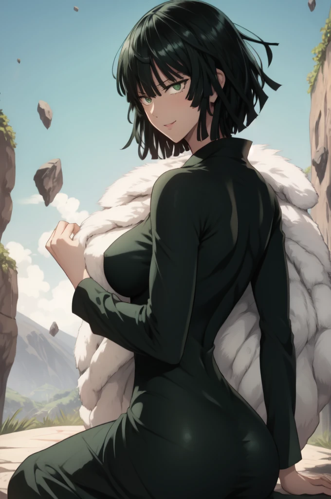 Anime art style, Fubuki from one punch man, green hair, white skin, wearing V-neck dress, sitting on destroyed rock, cinematic lights, blushing cheeks, smiling, detailed mid breast, big booty, NSFW, back view.