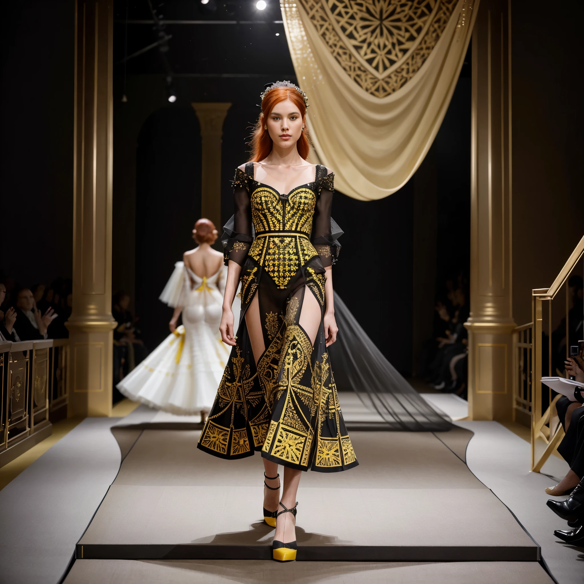Compose a highly detailed and realistic photograph featuring a young runway model with vibrant red hair, elegantly striding down the catwalk in an intricately designed haute couture dress adorned with detailed yellow and black geometric patterns during a prestigious high-fashion show in Milan. Utilize a top-tier camera such as the Canon EOS R6 Mark II or Nikon D850, paired with a lens suitable for capturing fashion details, like an 85mm or 135mm lens. Pay meticulous attention to lighting, ensuring it accentuates the fine details of the geometric patterns on the dress while illuminating the model's features. Aim for a composition that not only captures the poise and confidence of the model but also highlights the precision and sophistication of the geometric design. Strive for a professional image that immerses viewers in the world of Milanese haute couture, offering a realistic and detailed glimpse into the glamour of the fashion runway.