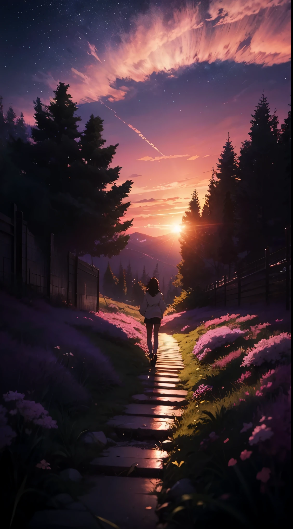 The picture is bright and well lit. no humans. (((Makoto Shinkai style)),pixiv,anime drawing,high quality,pink purple sky,beautiful scene),(universe,train passing,magical realism,((makoto shinkai style)) ::0.8), [Artistic Atmosphere, Atmosphere:0.8, Starry Sky, Hills, Snow Mountain, Sparkling Water, Grass, Trees, Smoke, Stars, Low Angle of View, Specular Scattering,
