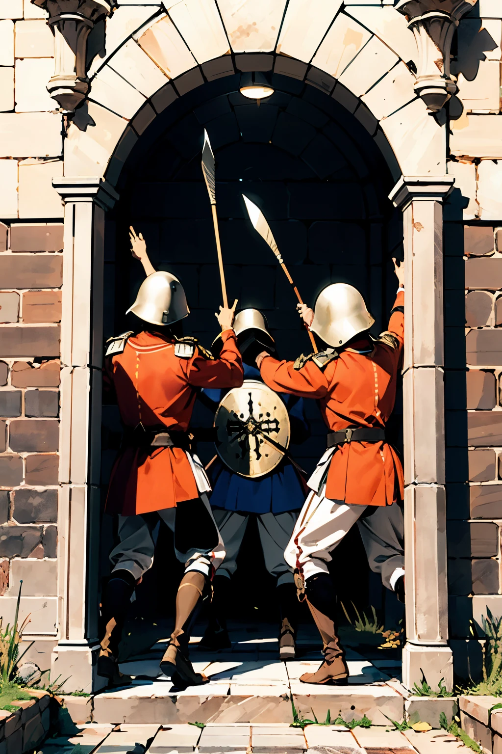 medieval soldiers in a shield wall formation throwing spears